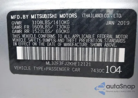 2019 Mitsubishi Mirage G4 Es из США, поврежденный, VIN ML32F3FJ2KHF12121